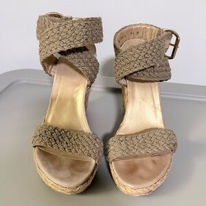 Stuart Weitzman Espadrille Wedge Sandals Sz 8.5 Black/Tan Braided Straps
